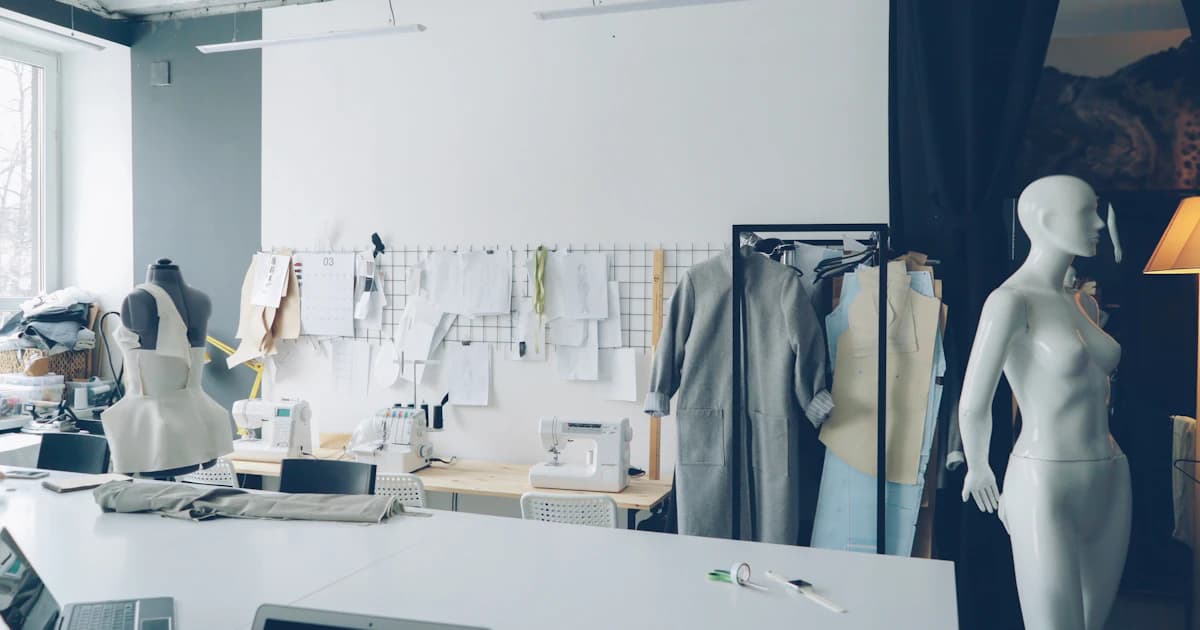 A fashion studio with work tables, garments and dress forms