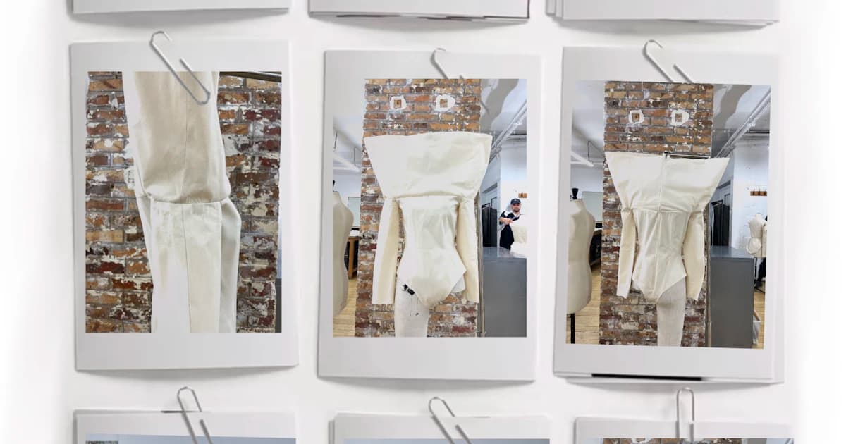White garments and mannequin photographs pinned to a design board