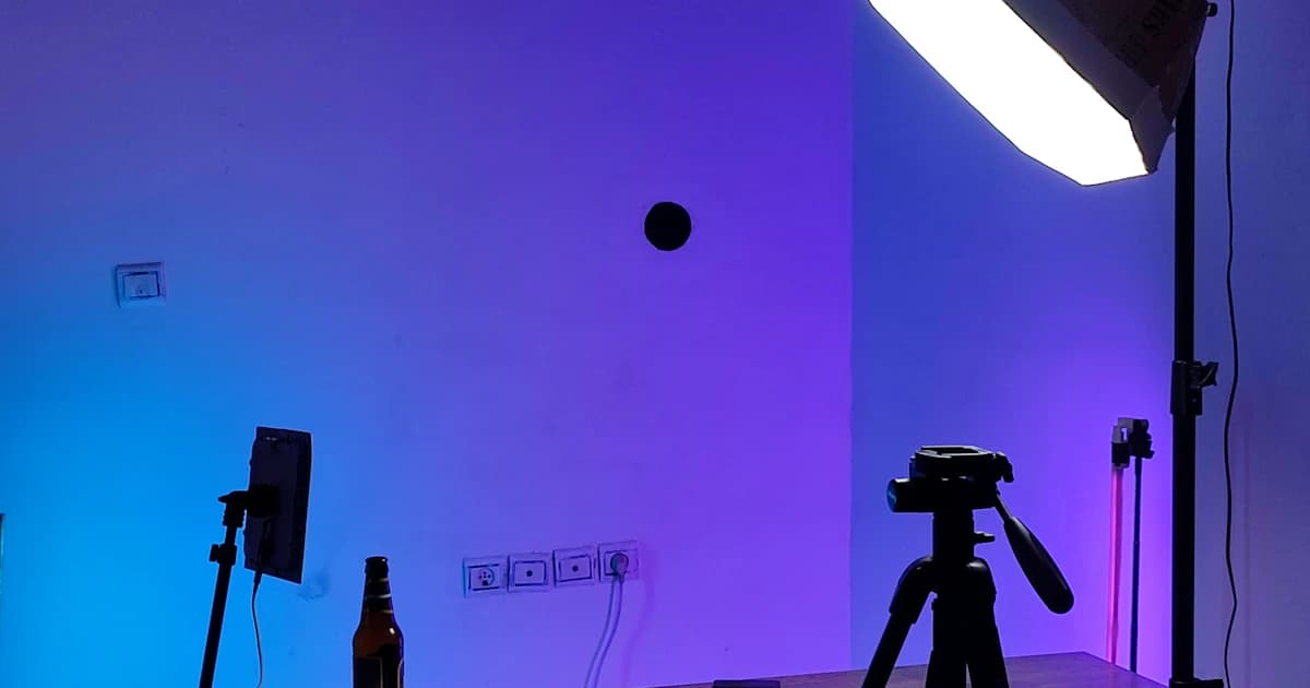 A product photography setup with lights and a camera