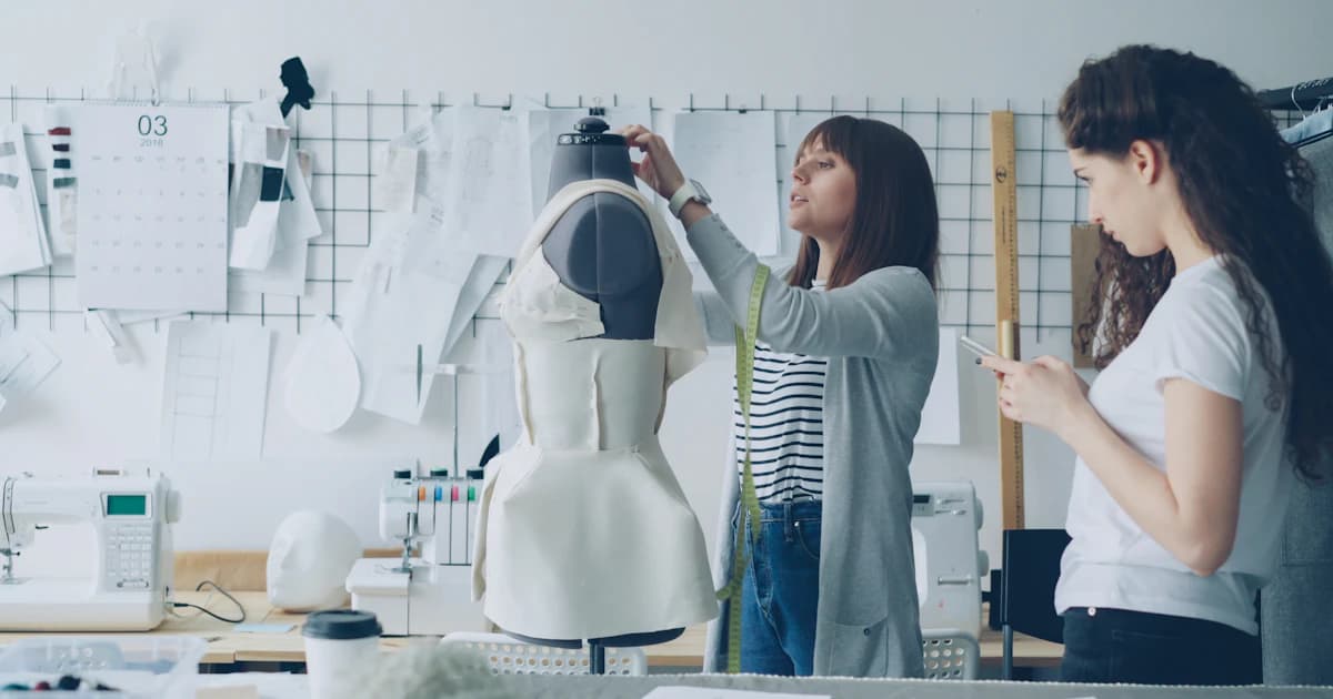 Two designers working on a garment in a clothing studio