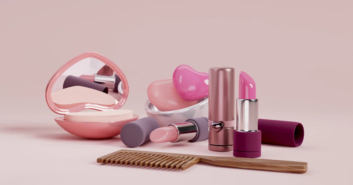 Pink cosmetic products and a comb arranged on a pink surface