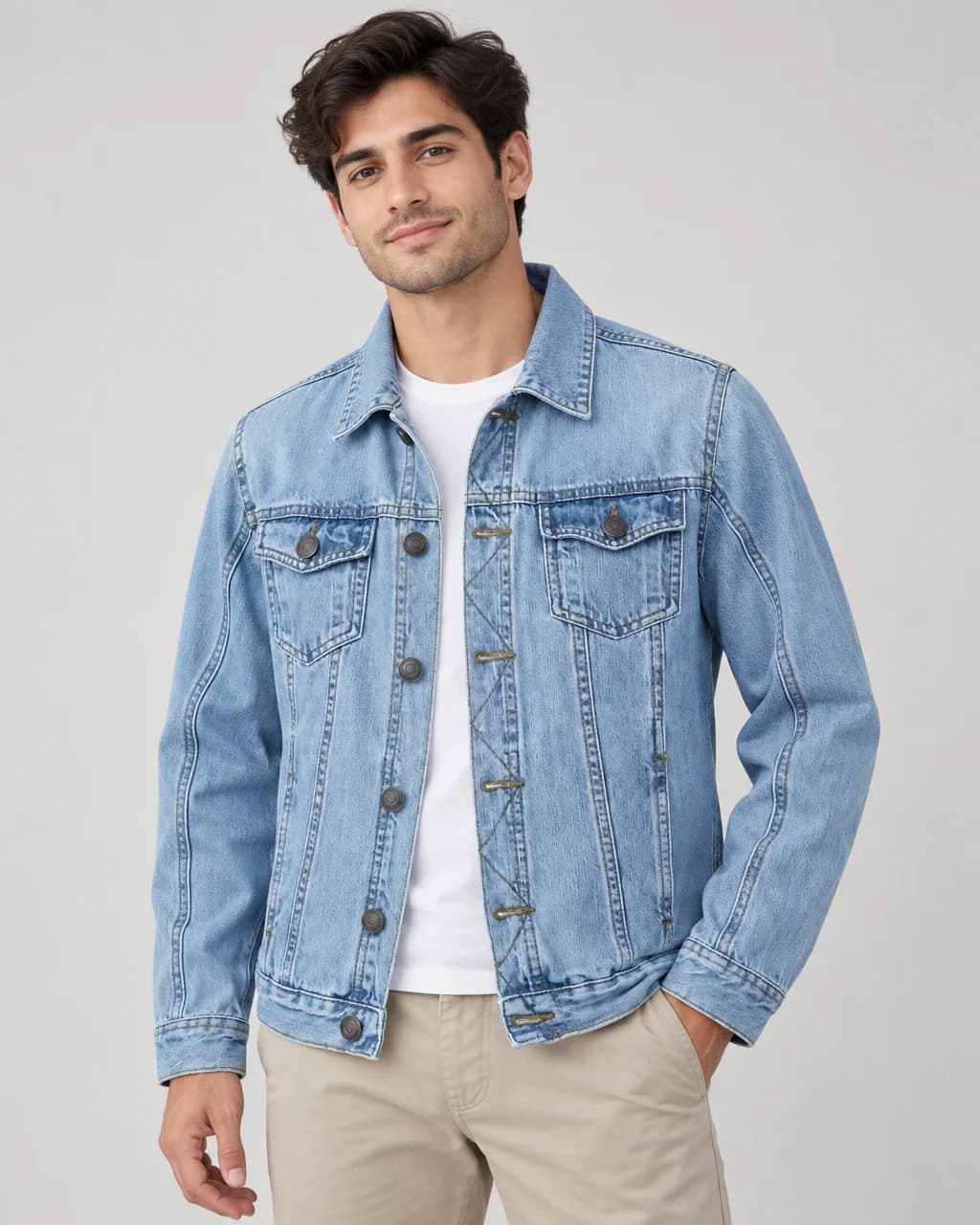 Saved Creative result showing a generated adult model in a denim jacket