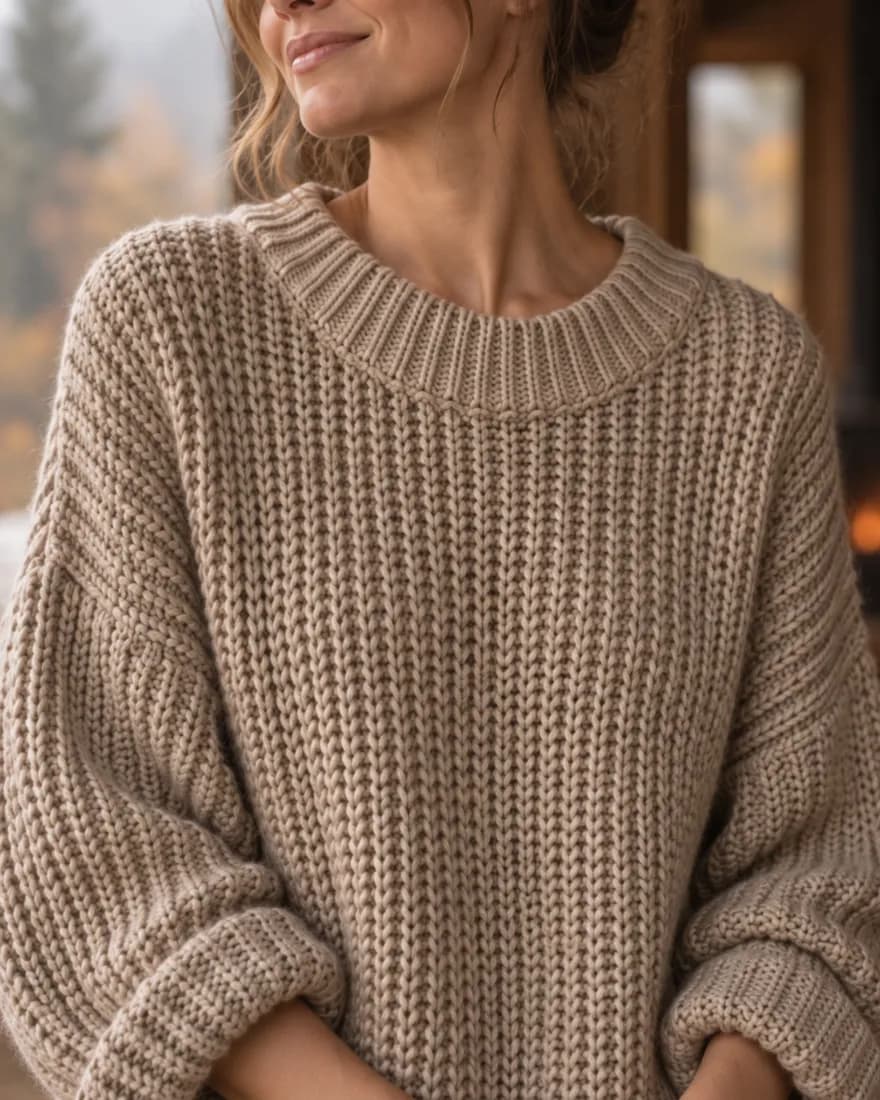 Campaign image: Knit detail, 4:5, an oat knit sweater worn by a model at a misty autumn cabin