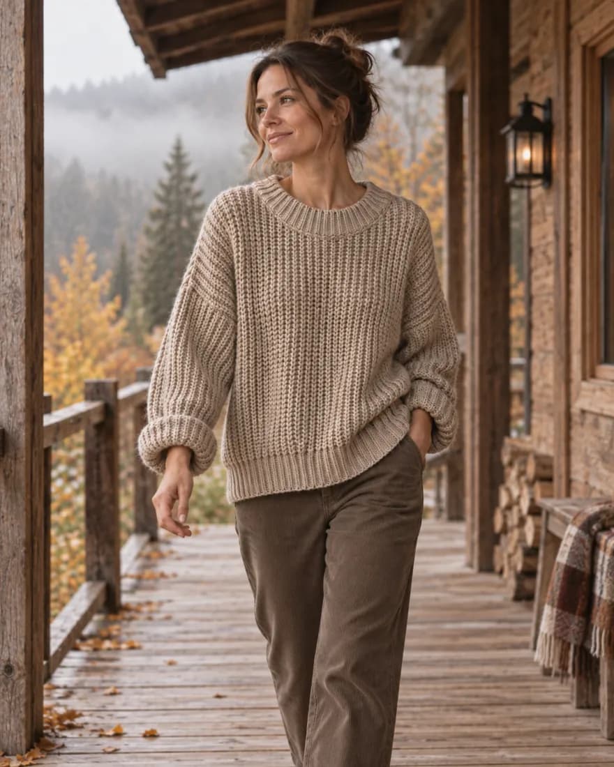 Campaign image: Porch walk, 4:5, an oat knit sweater worn by a model at a misty autumn cabin