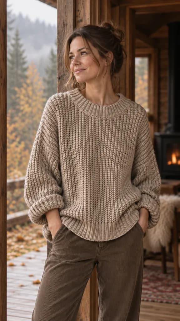 Campaign image: Window story, 9:16, an oat knit sweater worn by a model at a misty autumn cabin