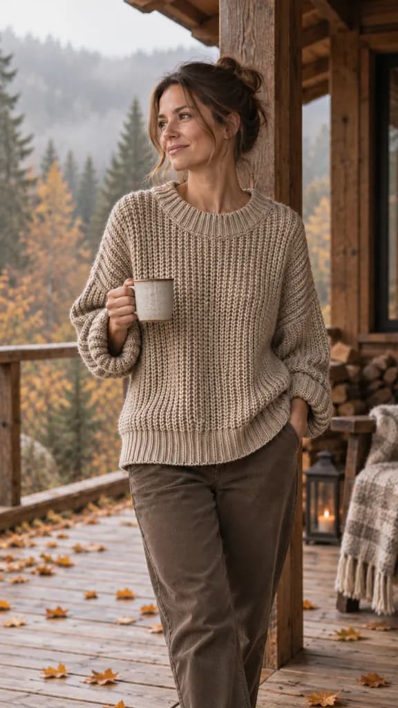 Campaign image: Forest stroll, 9:16, an oat knit sweater worn by a model at a misty autumn cabin
