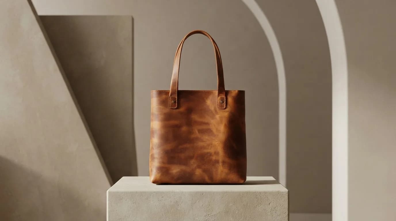 Leather tote on a stone plinth