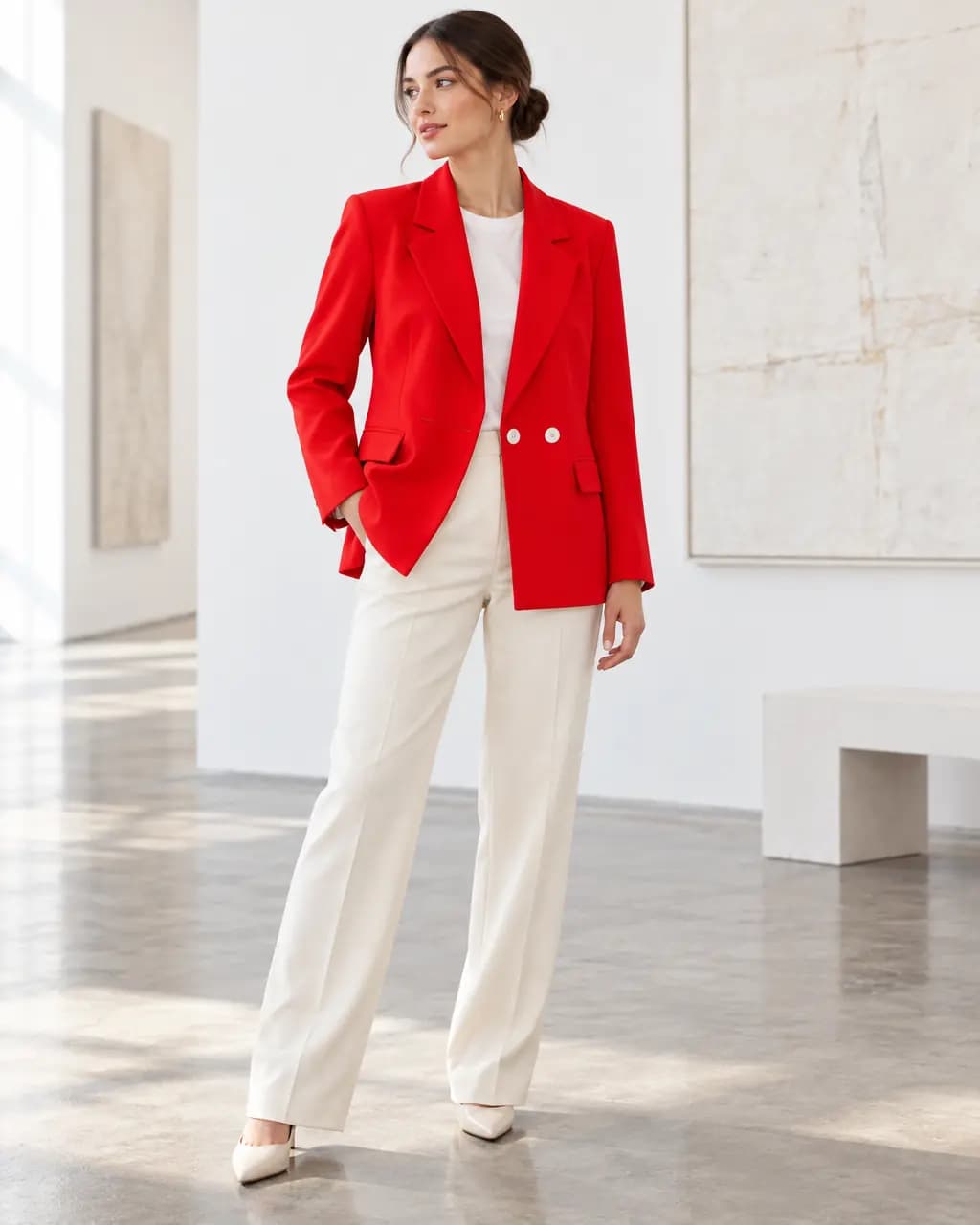 Generated model wearing the red blazer in a white gallery