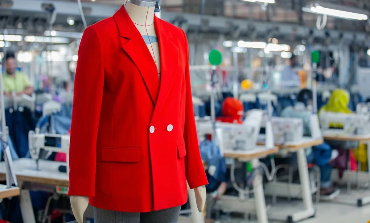 Red double-breasted blazer on a mannequin in a workshop
