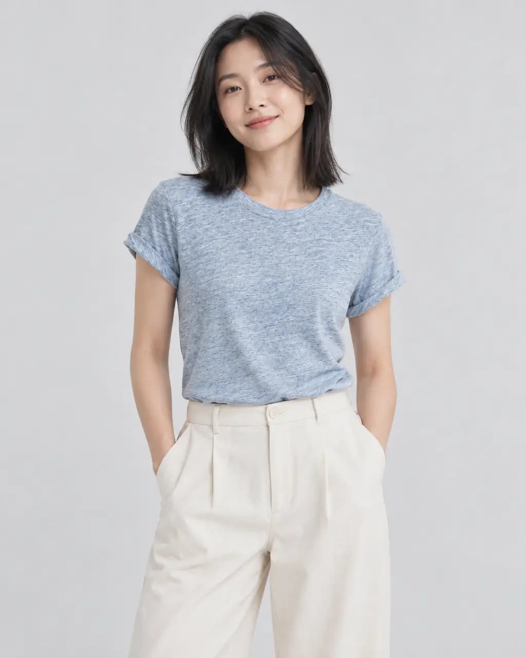 Petite generated model wearing the blue tee