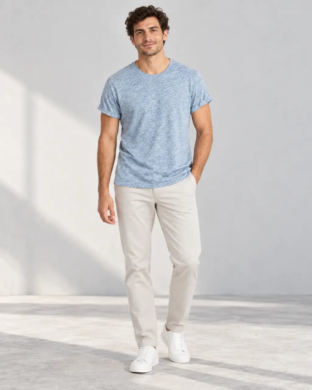 The same model in the blue tee against a sunlit wall, premium display shot