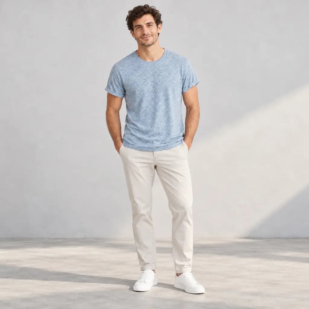 The same model in the blue tee, square feed post