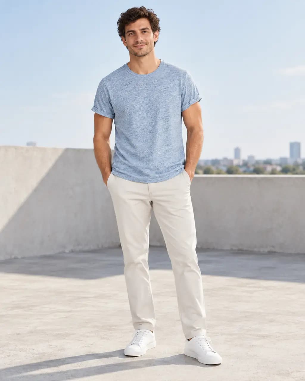 Generated model wearing the heather blue tee on a rooftop, product page shot
