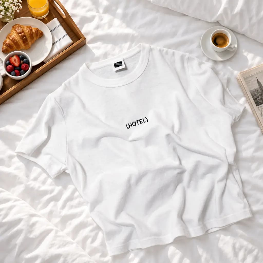 White graphic tee laid on a bed with breakfast