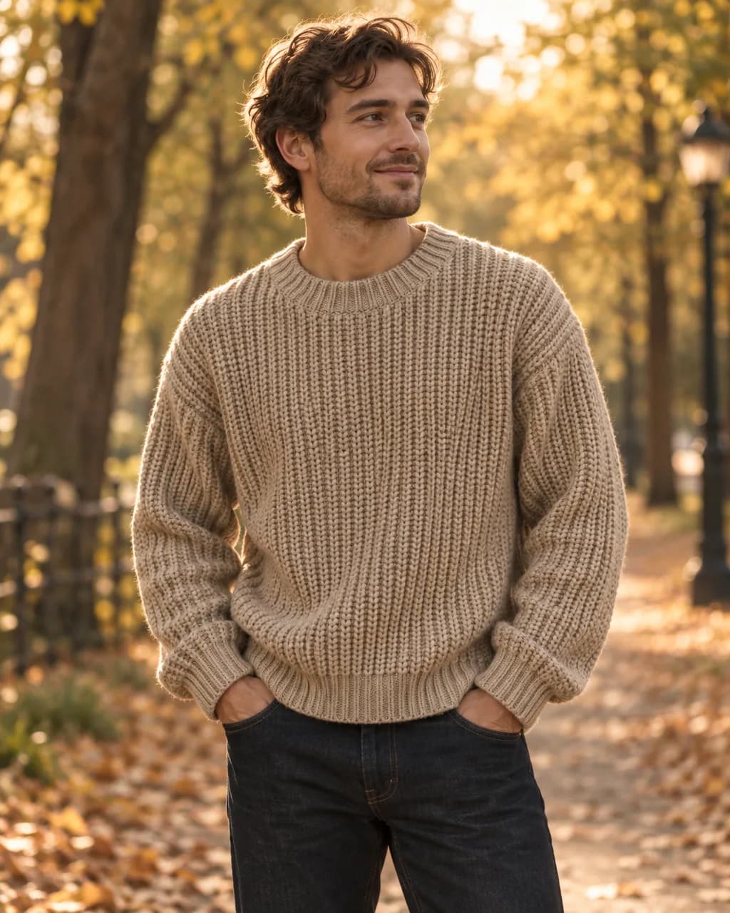 Generated model wearing the oat knit on an autumn path