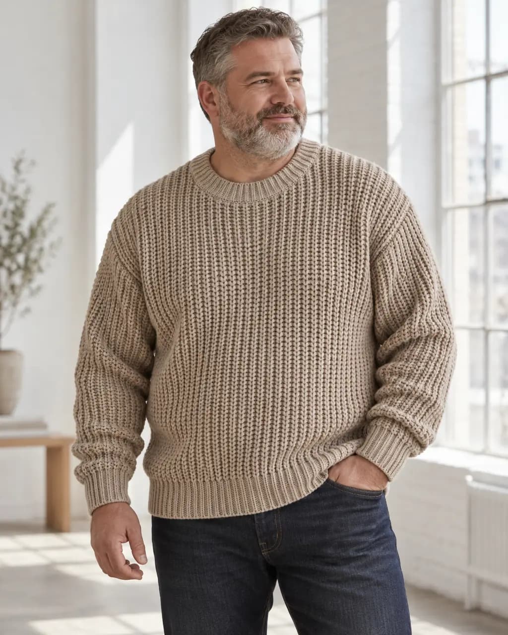 Big-and-tall generated model wearing the oat knit