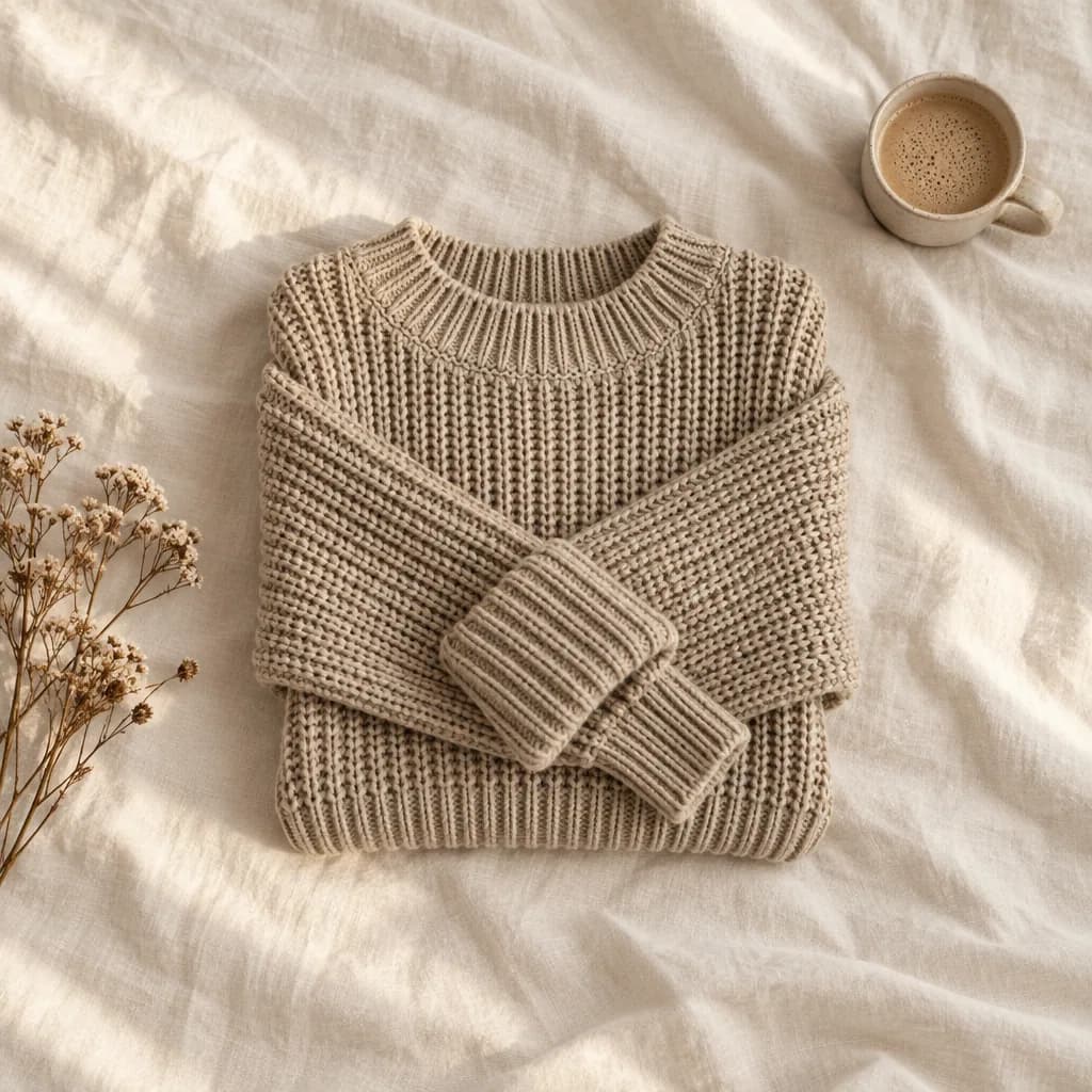 The oat knit folded on cream linen