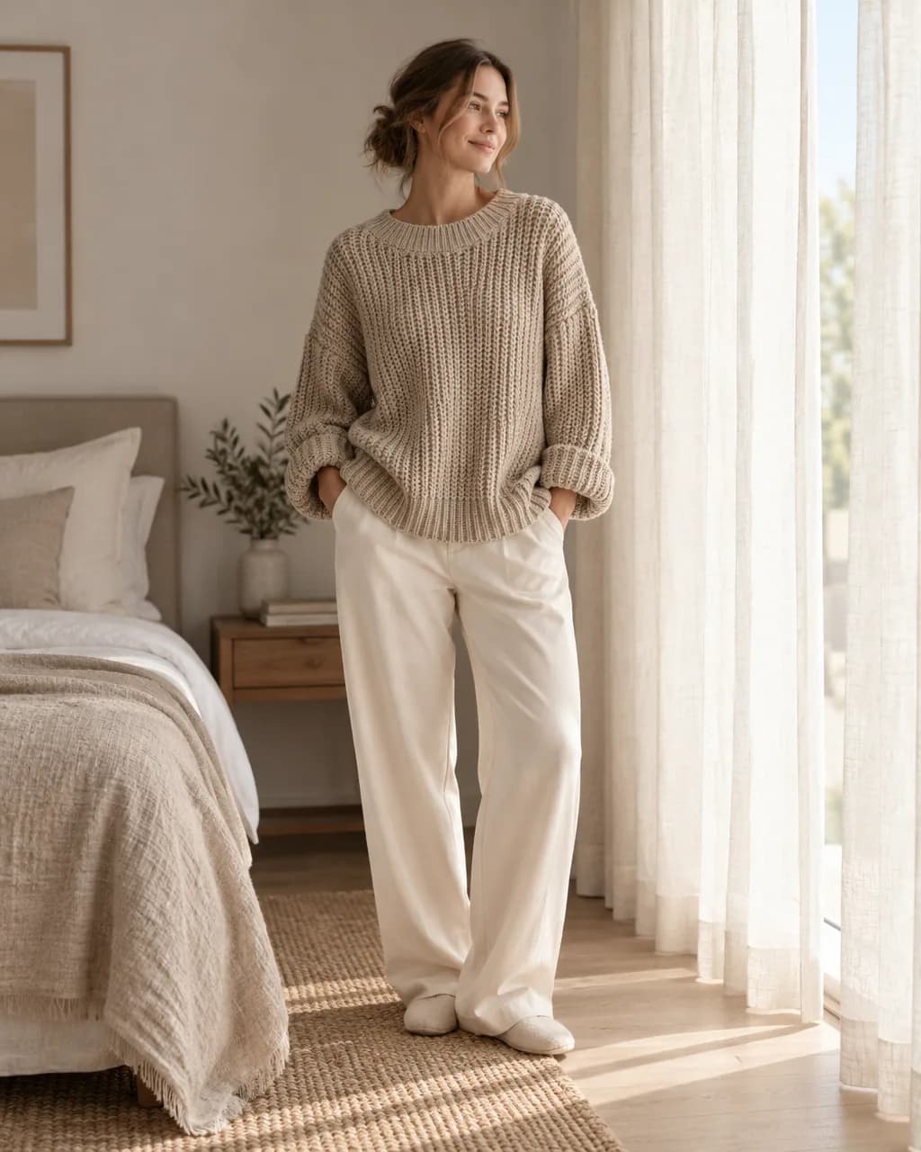 Creative result: a generated model wearing the sweater by a window