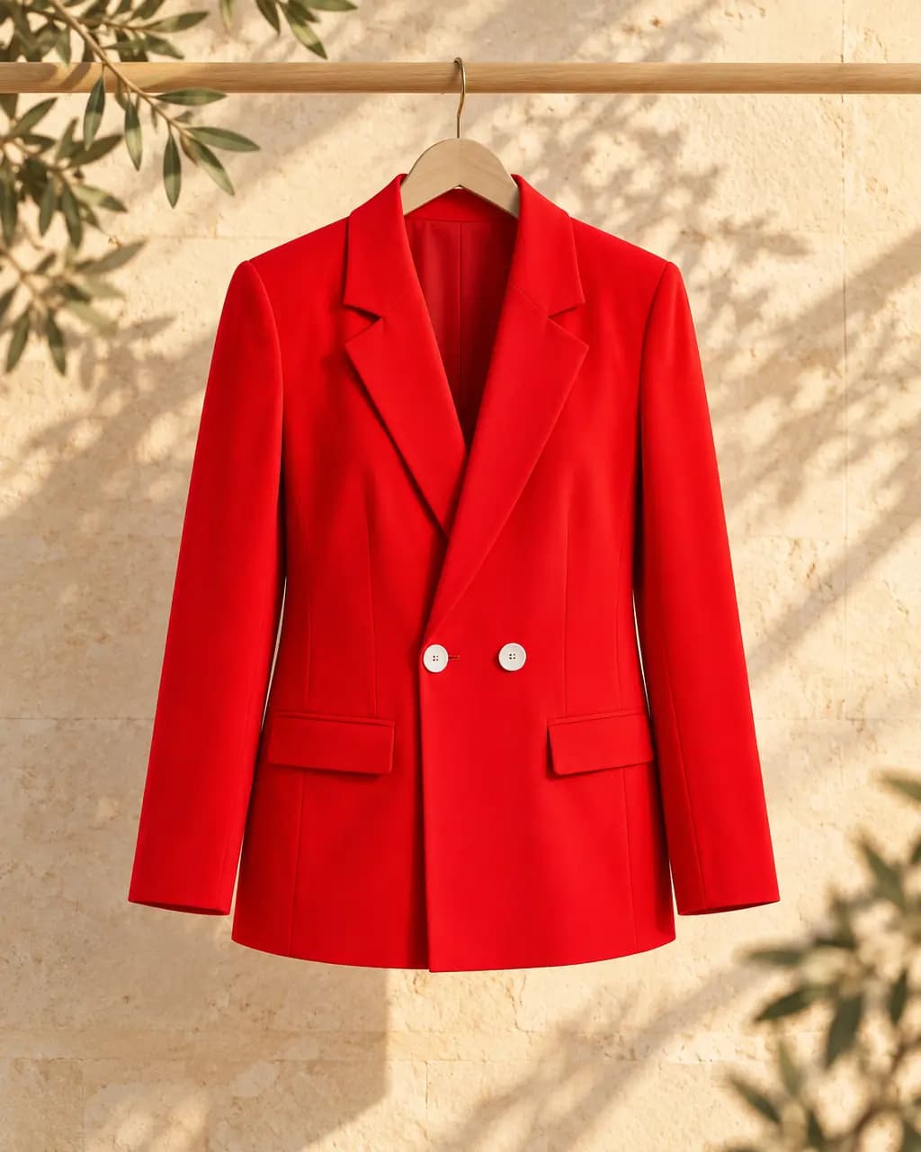 Red blazer in the same limestone wall Look