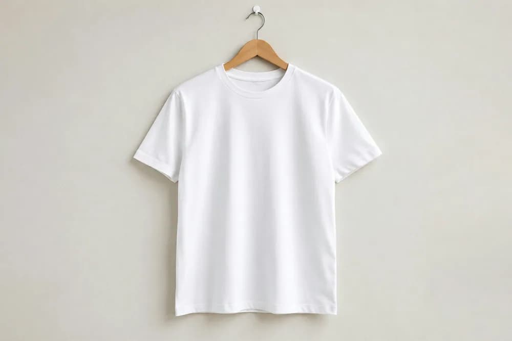 Plain white T-shirt on a wooden hanger