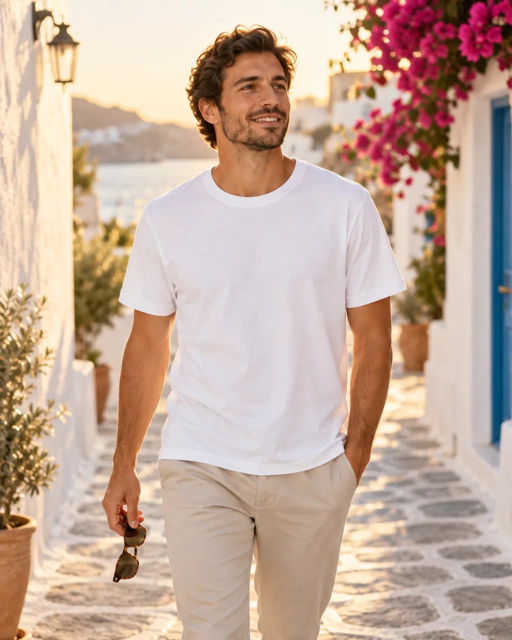 Generated model wearing the white tee on a Mediterranean street