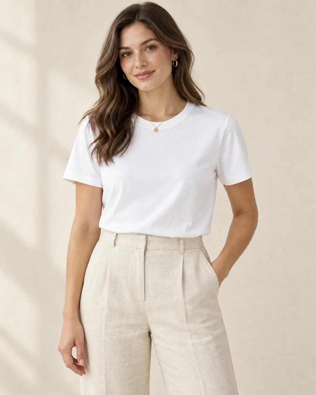 Generated model wearing the white tee in a warm studio