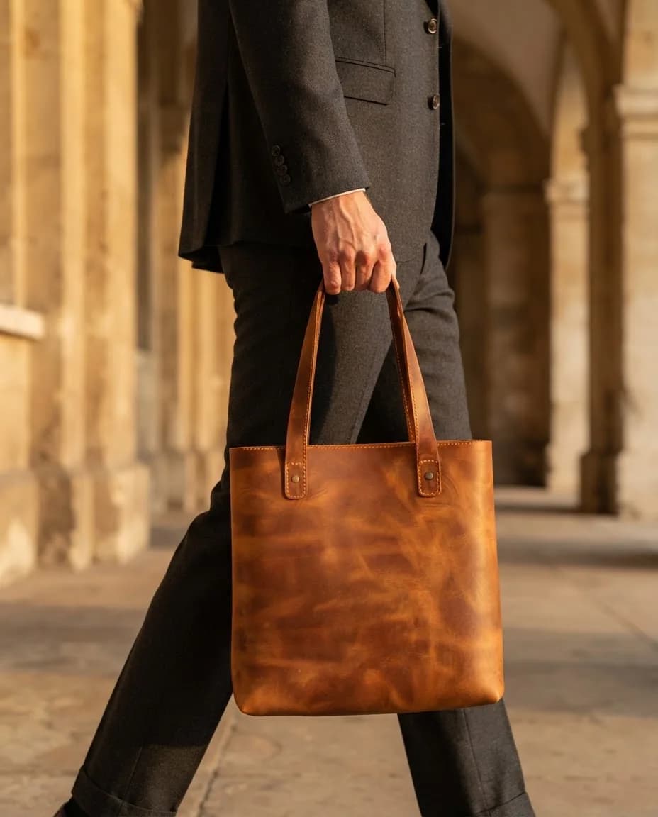 Saved Creative reconstruction of the leather tote held by a generated adult